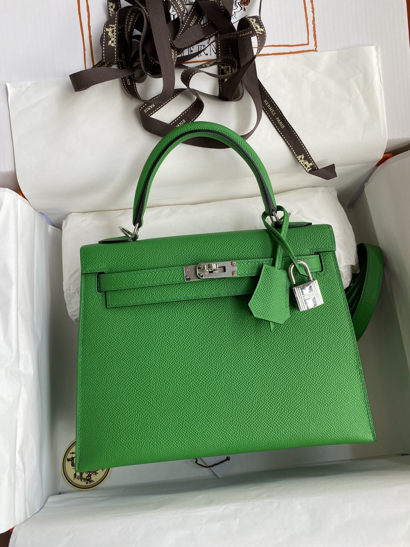 Hermes Kelly 25cm Handbag Shoulder Bag in Green Bombou Epsom Leather